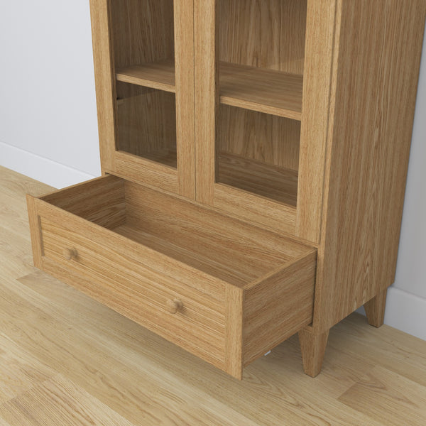 Display cabinet 1S oak natural oak – open doors, shelves and drawer inside