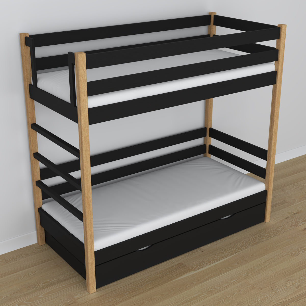 Black and Oak Wooden Bunk Bed – Interior of Mattress Drawer, Children’s Room