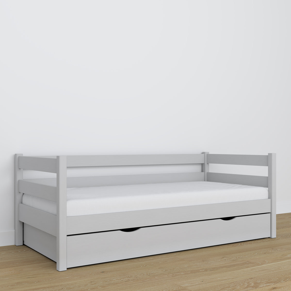Łóżko sofa z szufladą drewniane popielaty – pokój dziecięcy, aranżacja scandi