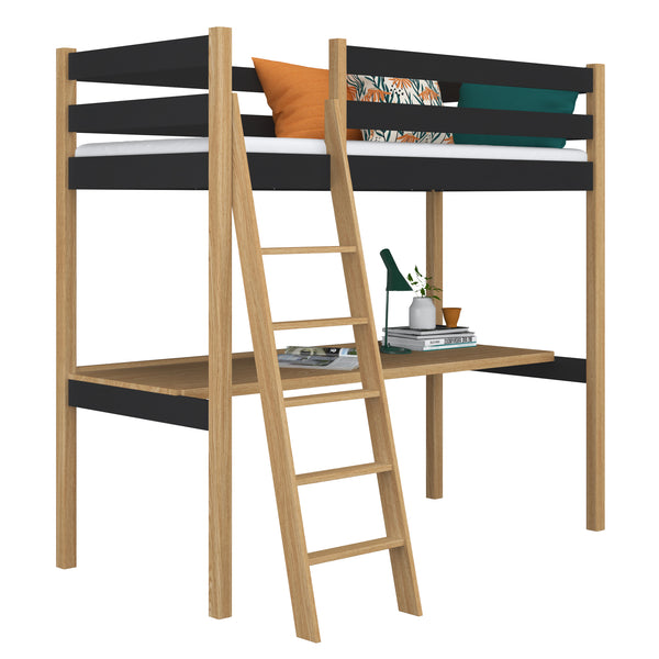 Black and Oak Wooden Loft Bed with Desk – Children’s Room, Scandi Nizio