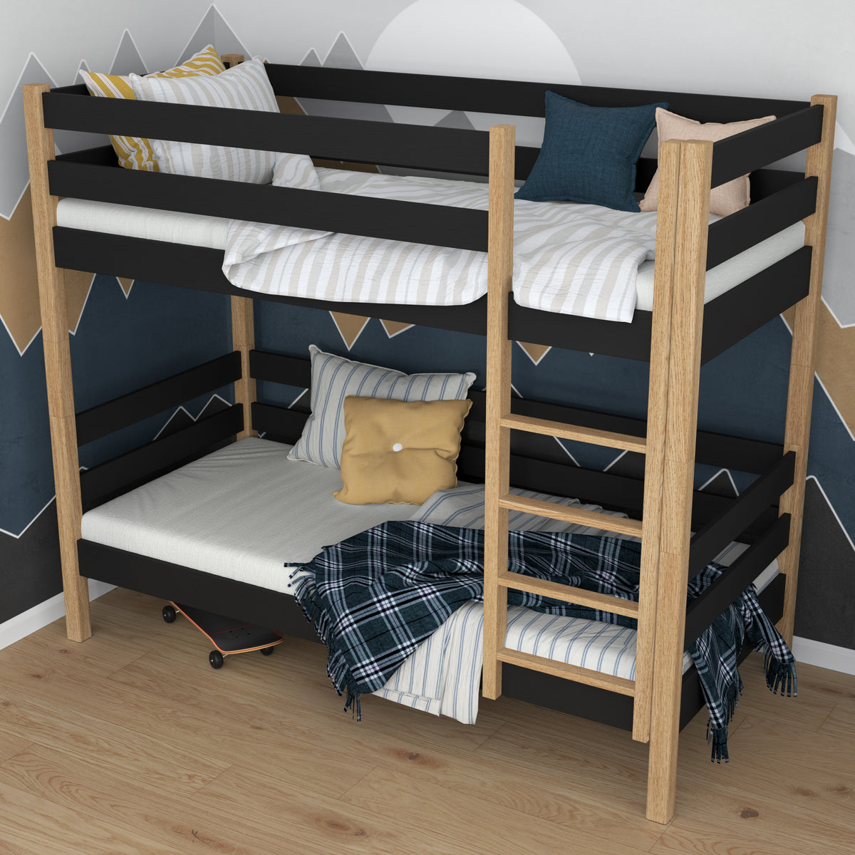 Black and oak bunk bed in a children's room - scandi arrangement, wooden