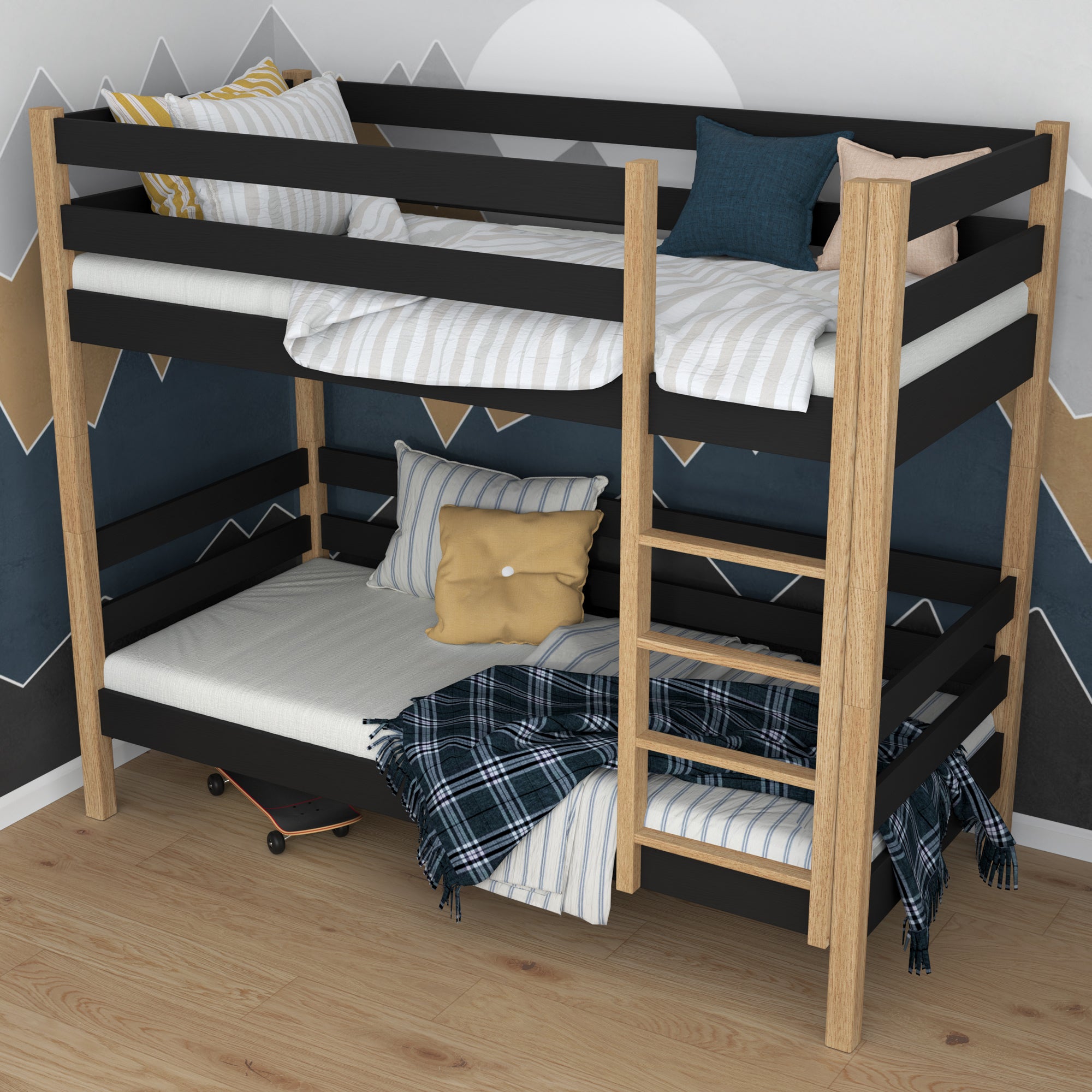 Black and oak bunk bed in a children's room - scandi arrangement, wooden