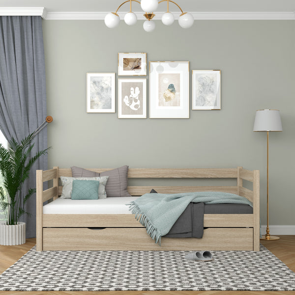 Łóżko sofa dąb bielony z szufladą na materac – dębowe, Nizio Home