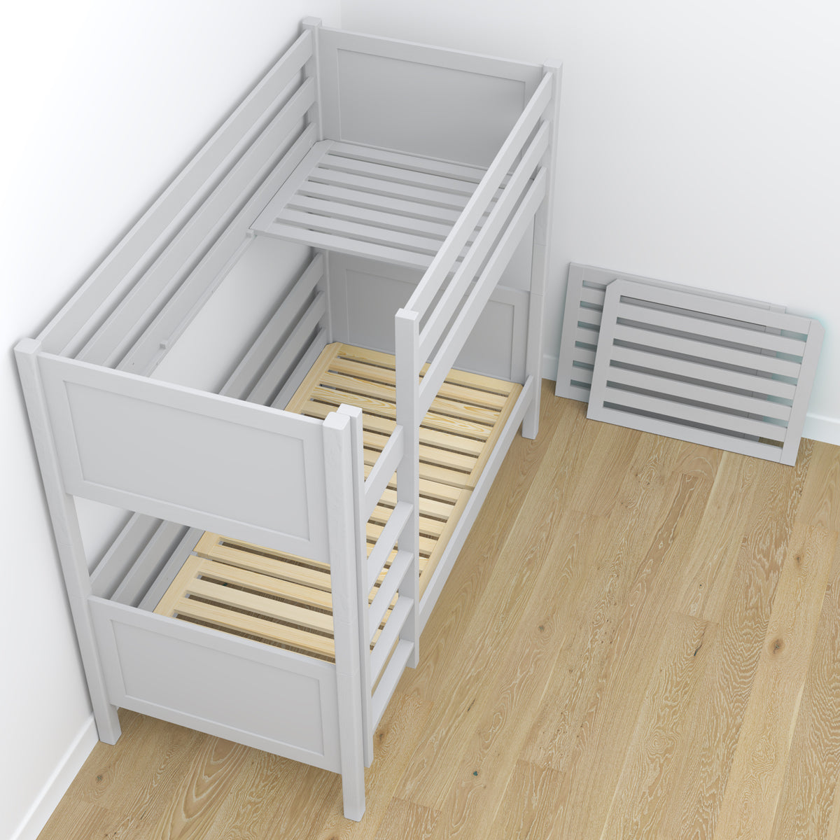Pilka dviaukštė lova – medinės dailidės jungtys, stambiu planu, Nizio Home