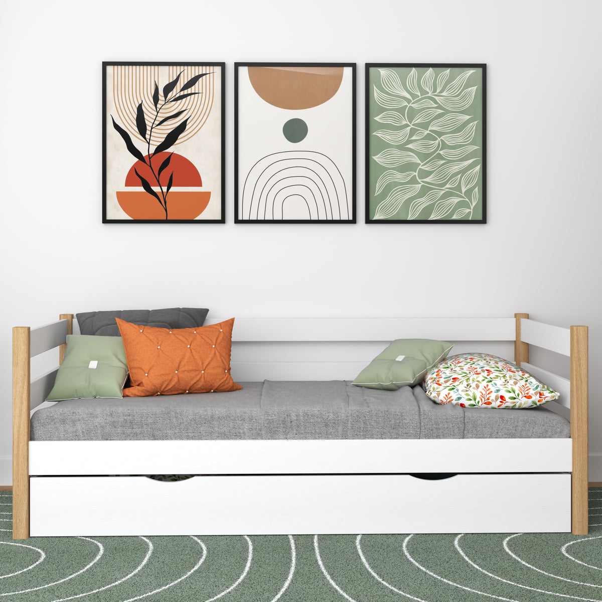 Łóżko sofa z szufladą drewniane biało-dębowy – pokój dziecięcy, styl scandi Nizio