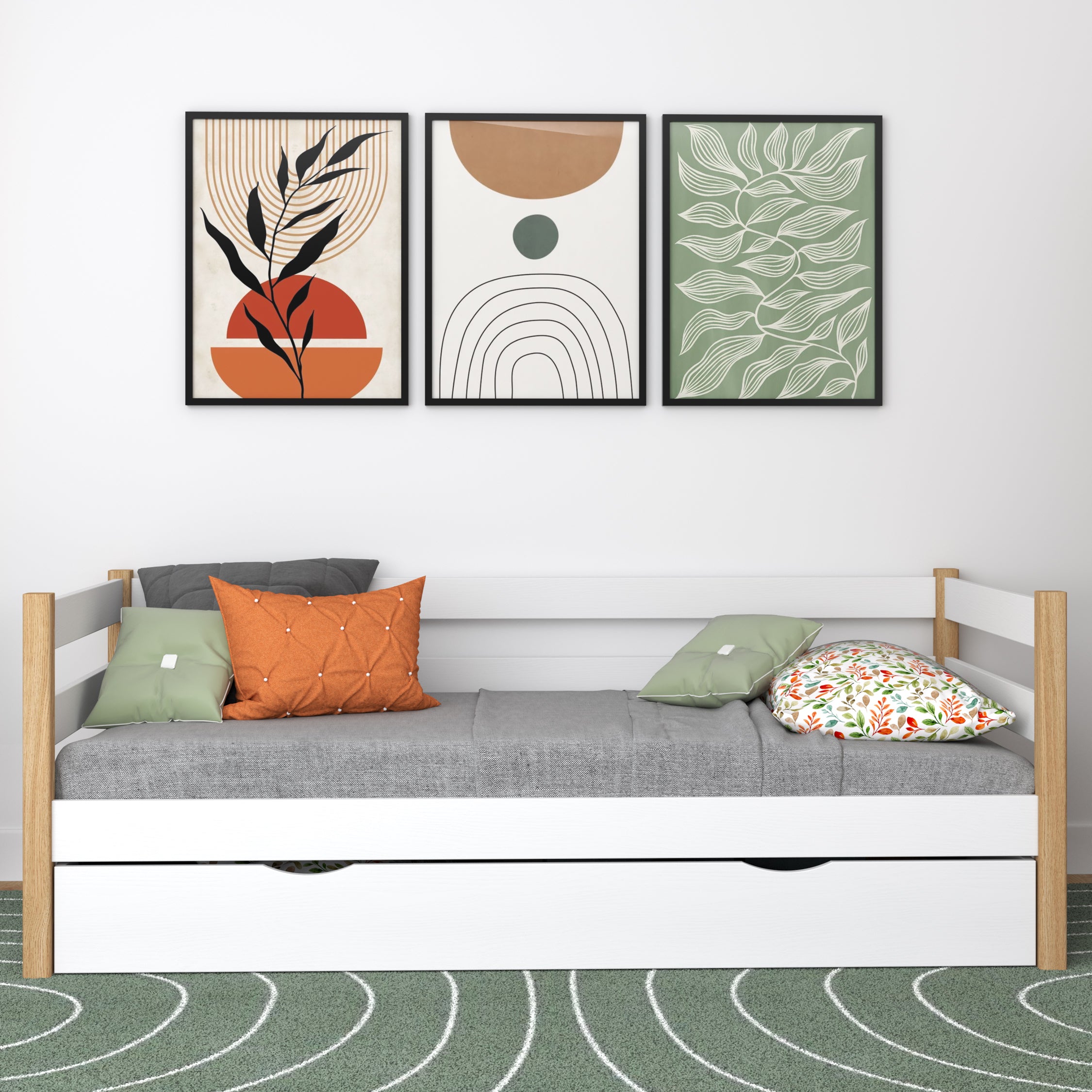 Łóżko sofa z szufladą drewniane biało-dębowy – pokój dziecięcy, styl scandi Nizio