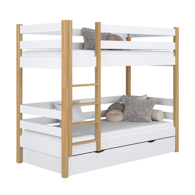 White and Oak Wooden Bunk Bed with Drawer – Children’s Room, Solid Wood, Scandi