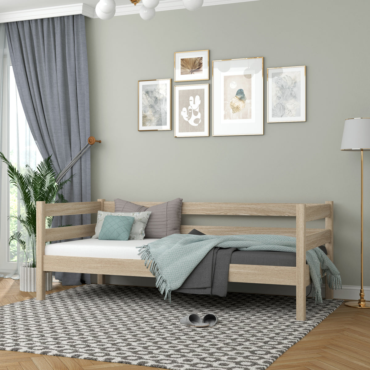 Balinto ąžuolo sofa-lova – vaizdas iš šono, baldų korpusas ir proporcijos