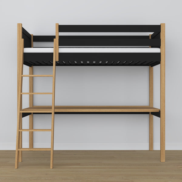 Loft bed black/oak with desk – study space under the sleeping area, wooden