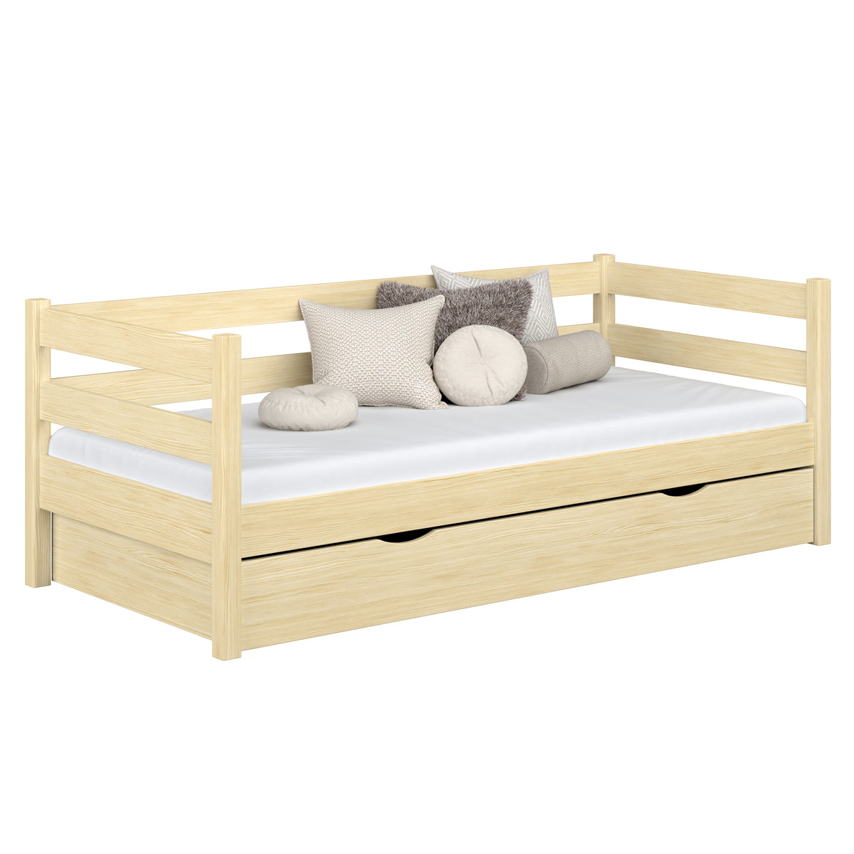Medinė sofa-lova, bespalvė pušis - atviras stalčius, vieta patalynei