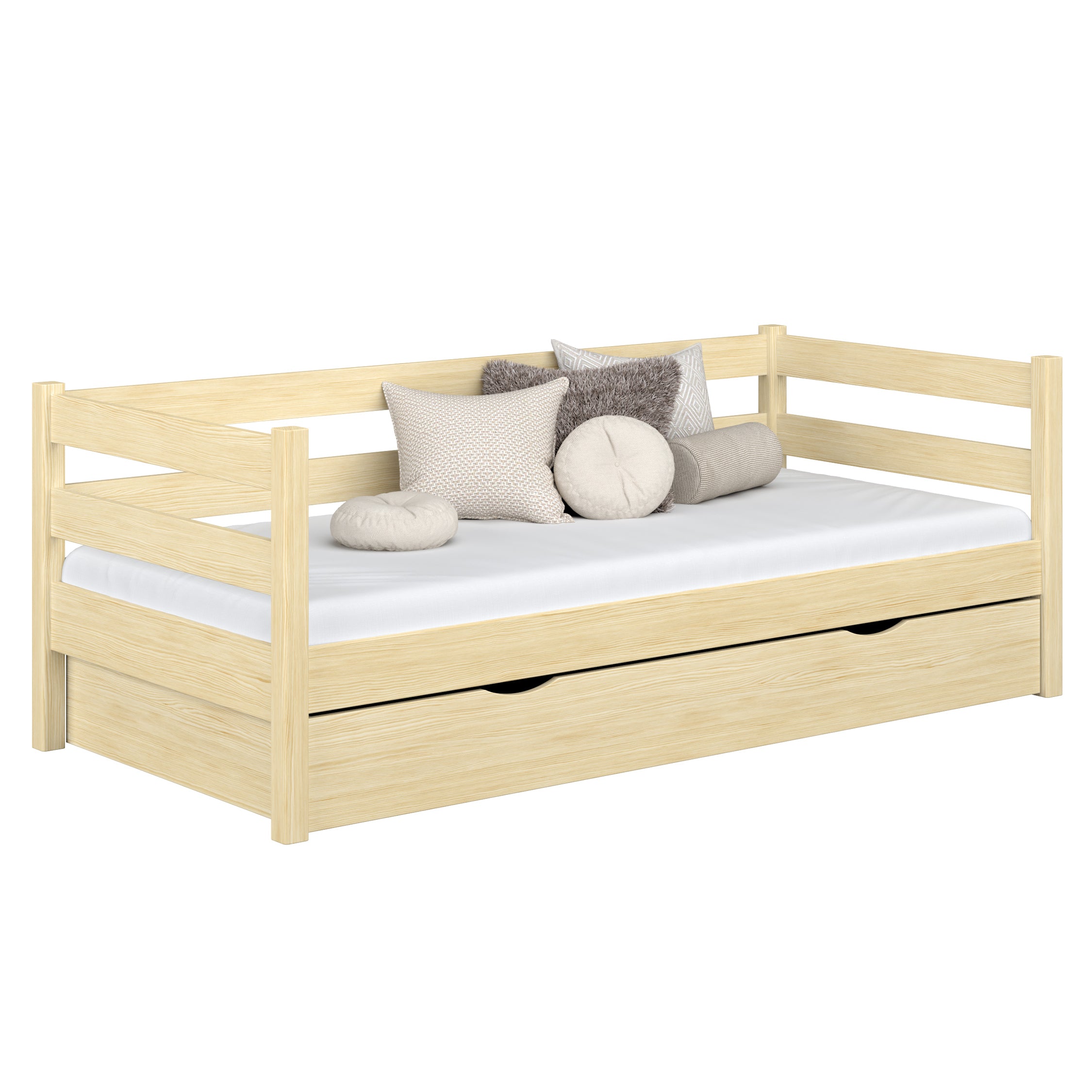 Medinė sofa-lova, bespalvė pušis - atviras stalčius, vieta patalynei