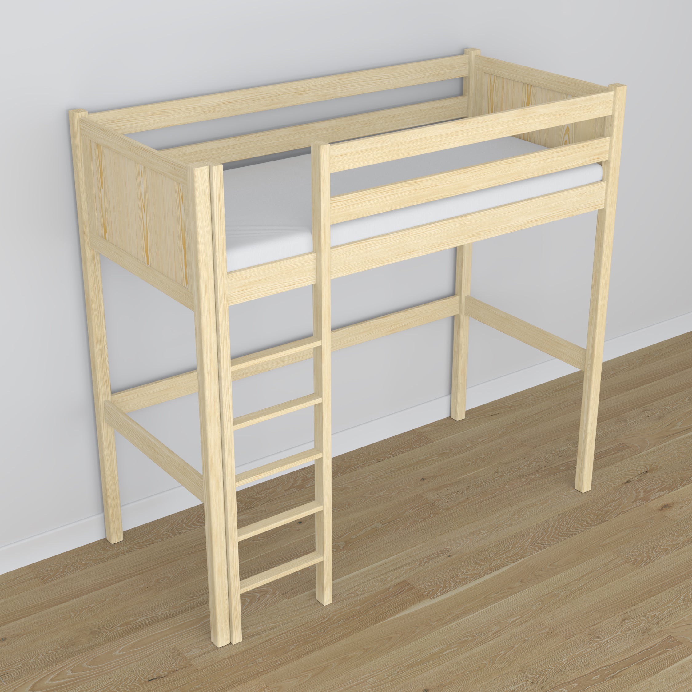 Loft bed clear pine wooden – top view of the sleeping area