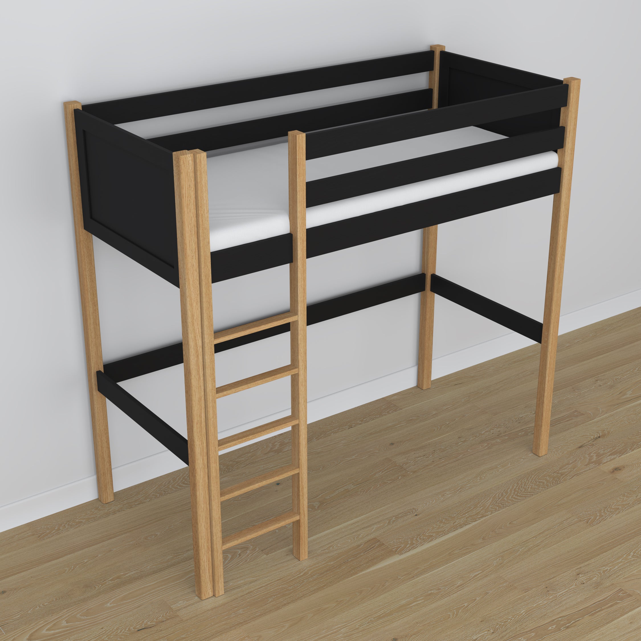 Loft bed black/oak wooden – top view of the sleeping area