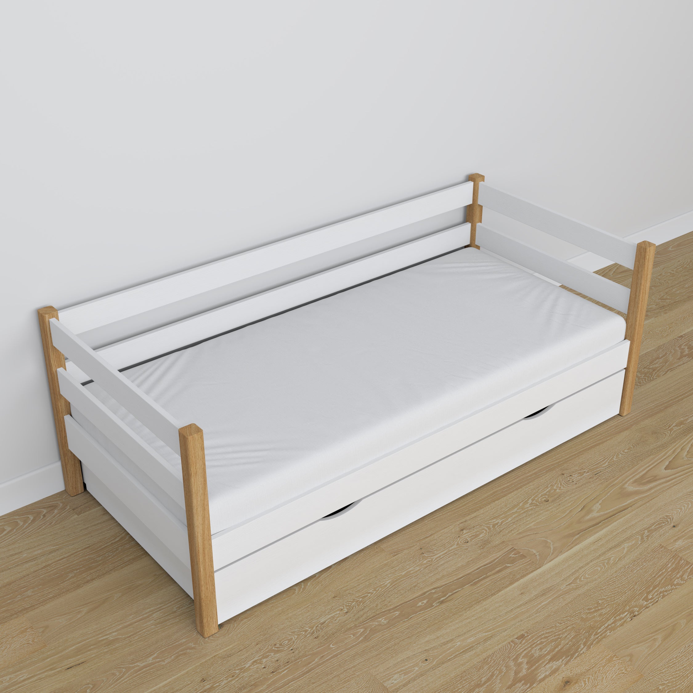 Łóżko sofa z szufladą drewniane biało-dębowy – pokój dziecięcy, aranżacja scandi