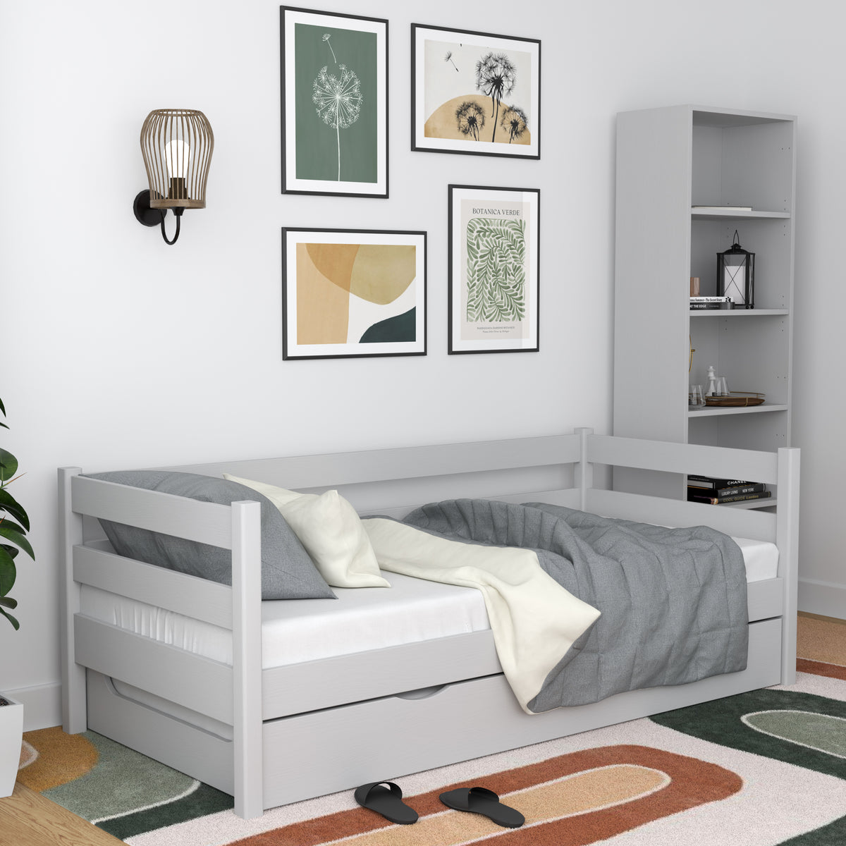 Pilka sofa-lova su čiužinio stalčiumi – medinė, Nizio Home