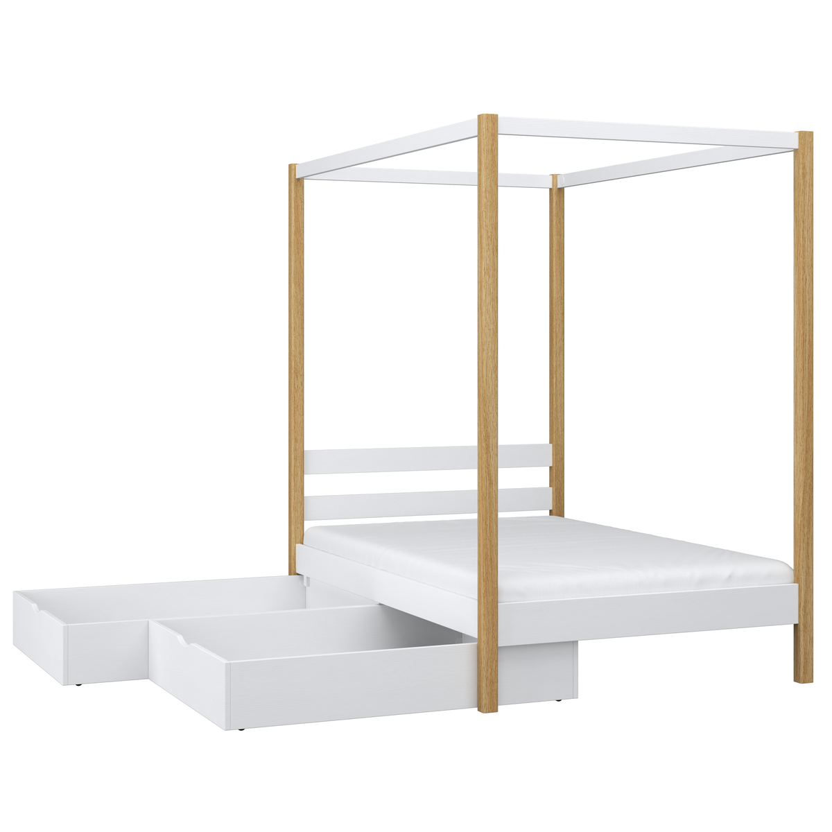 Balta ir ąžuolinė lova su baldakimu – medinės detalės ir sandūros, Nizio Home