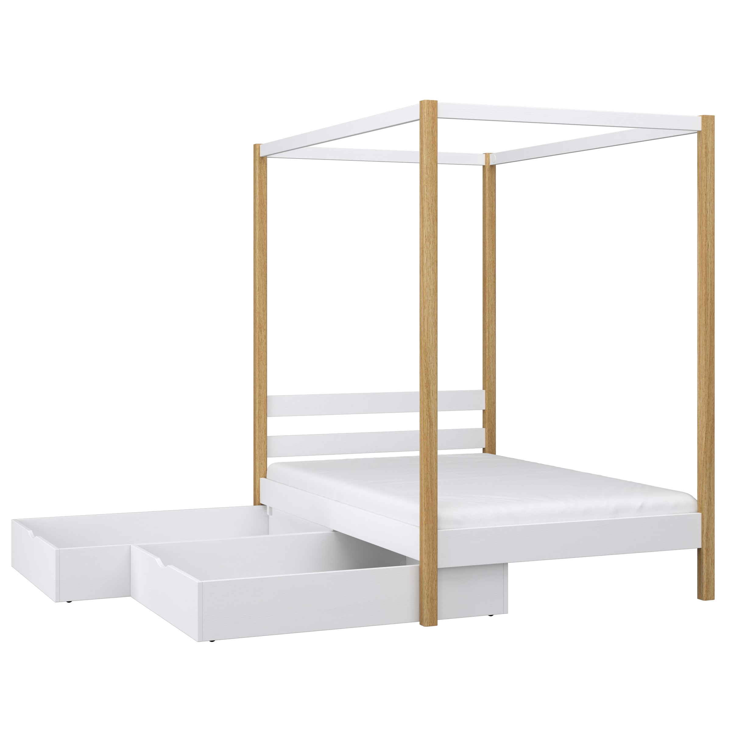 Balta ir ąžuolinė lova su baldakimu – medinės detalės ir sandūros, Nizio Home