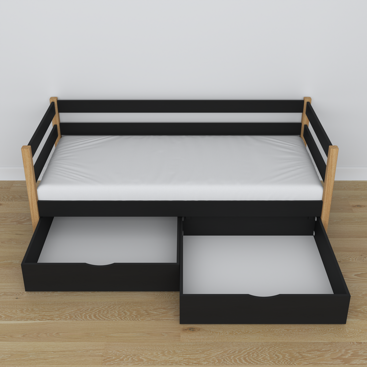 Juodos ir ąžuolo medinė sofa-lova - vaizdas įstrižai, skandi