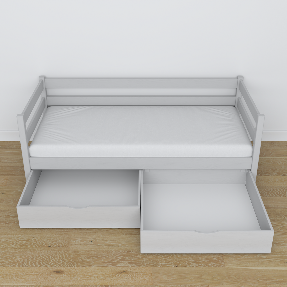 Łóżko sofa drewniane popielaty – widok ukośny, scandi
