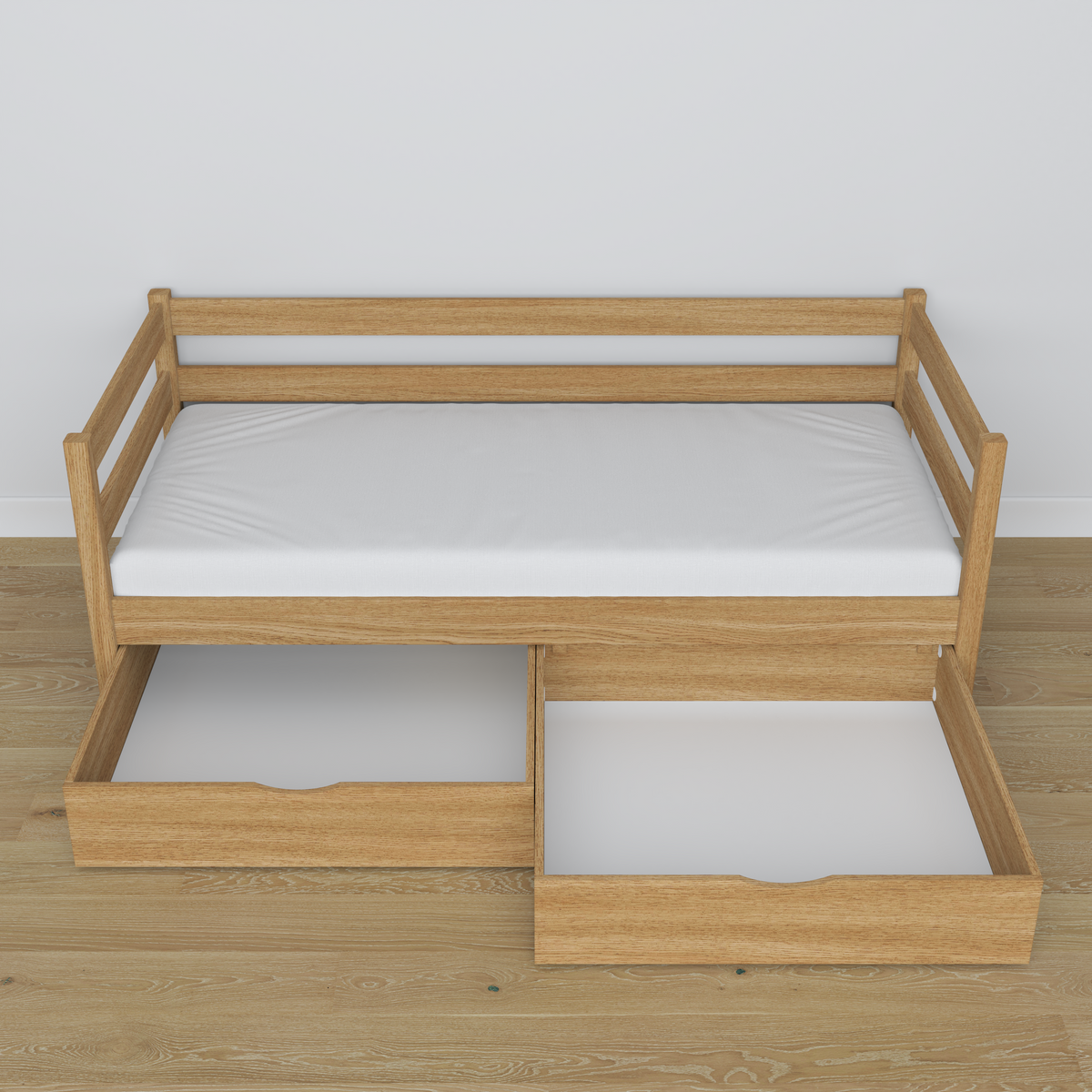 Natūralaus ąžuolo sofa-lova - vaizdas įstrižai, skandi