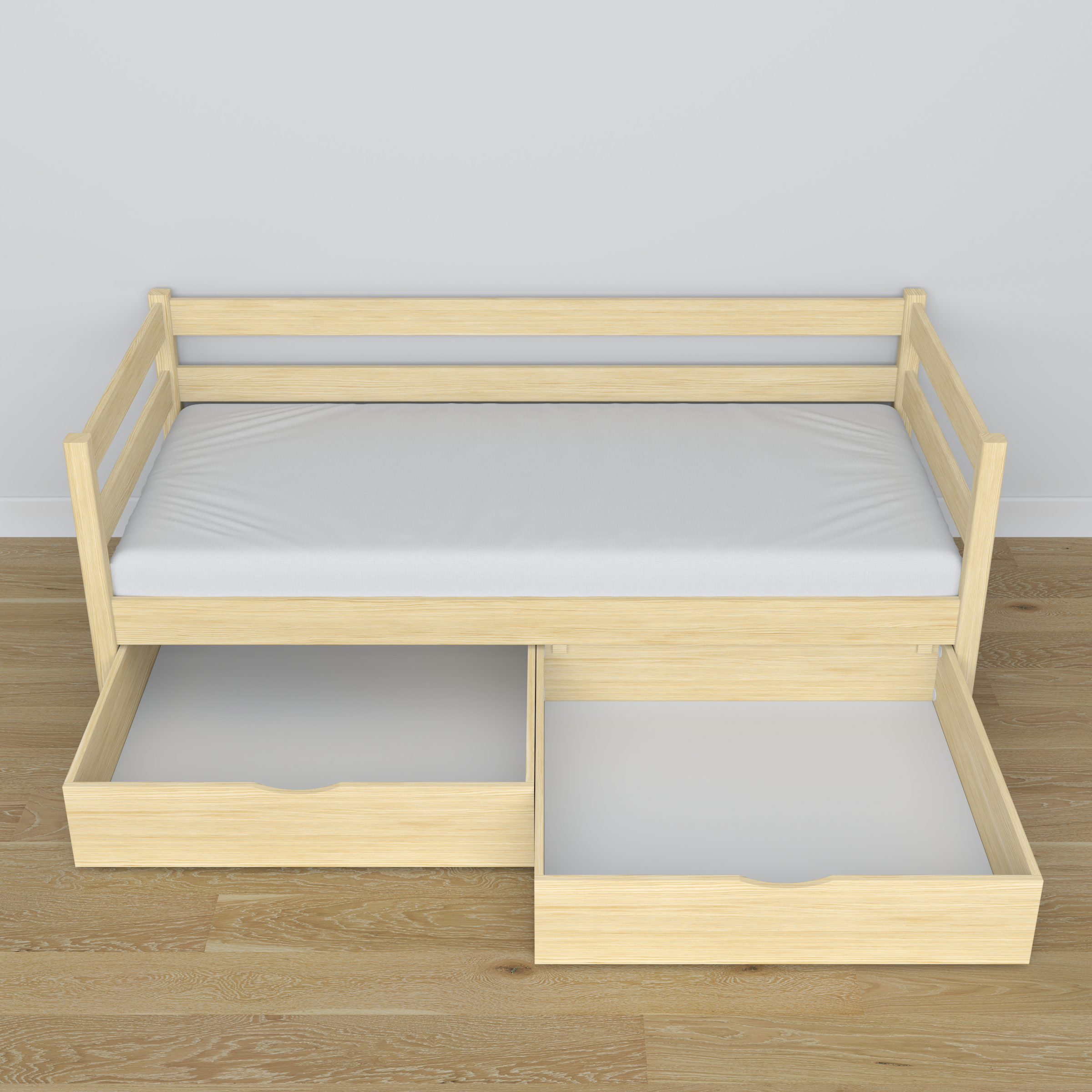 Medinė sofa-lova, bespalvė pušis - vaizdas įstrižai, skandi