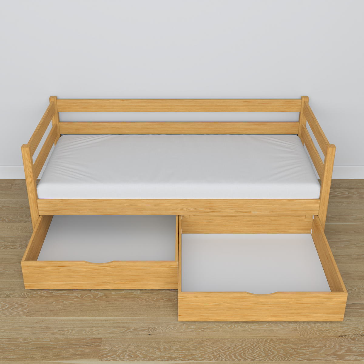 Medinė sofa-lova, natūrali pušis - vaizdas įstrižai, skandi