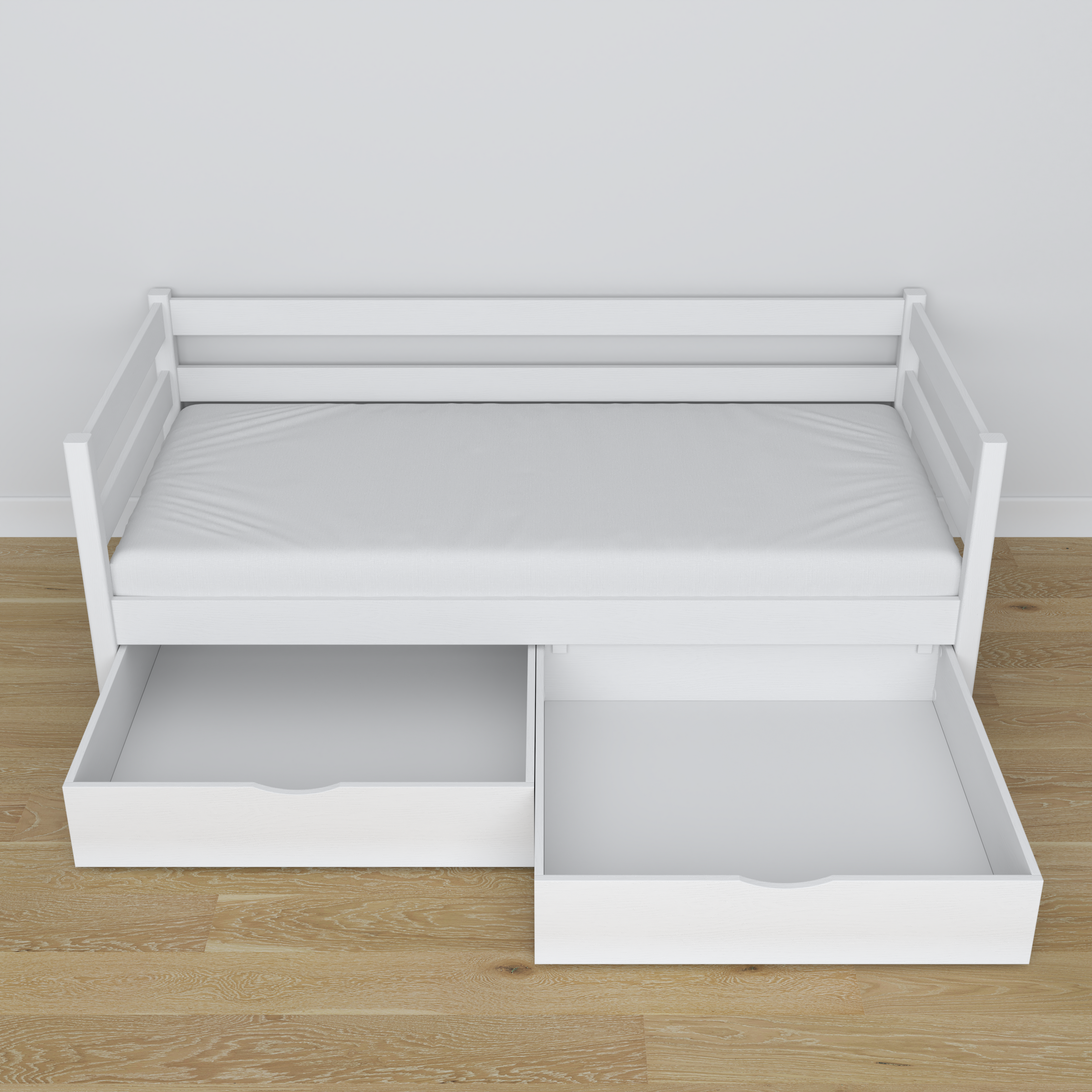 Łóżko sofa drewniane biały – widok ukośny, scandi