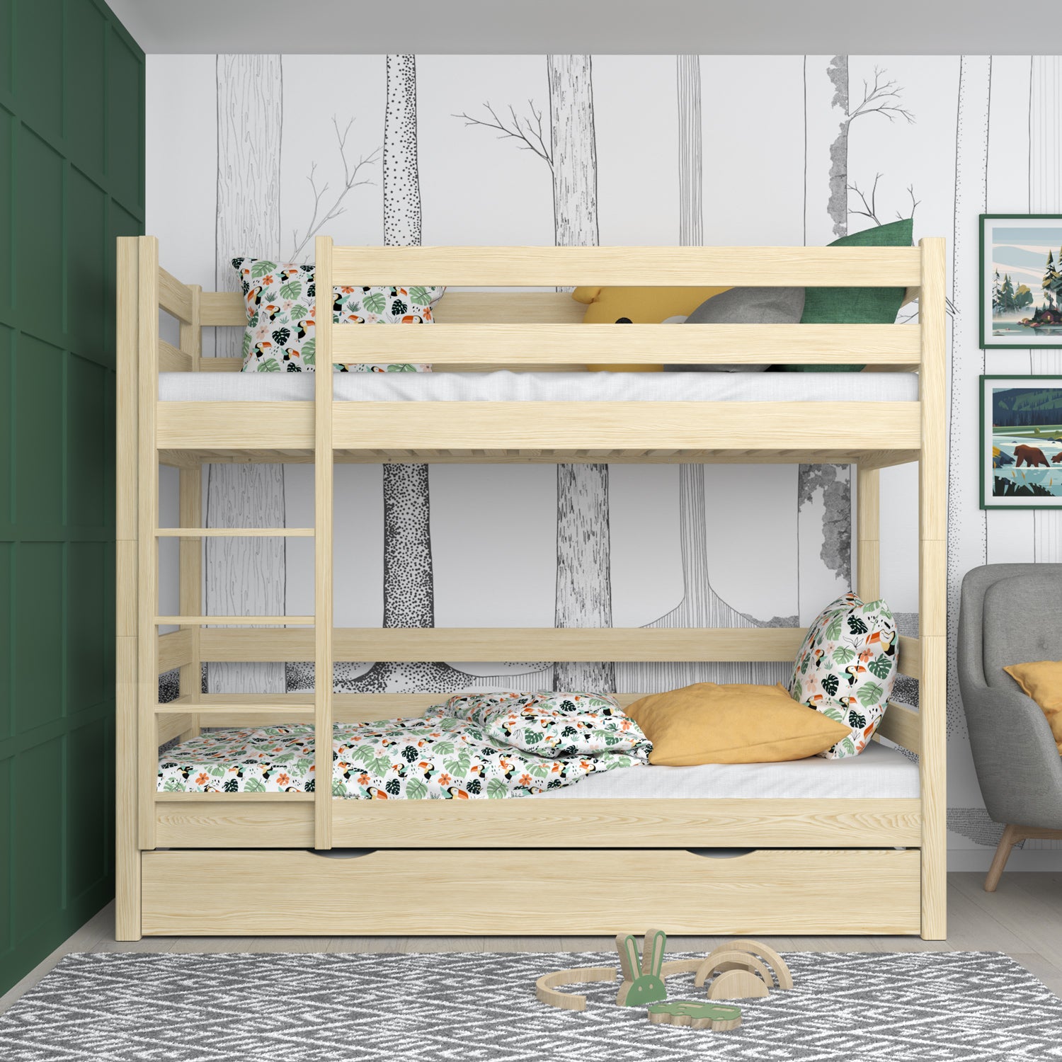 Dviaukštė lova, bespalvė pušinė, su čiužinio stalčiumi – turėklai, medinė, Nizio Home