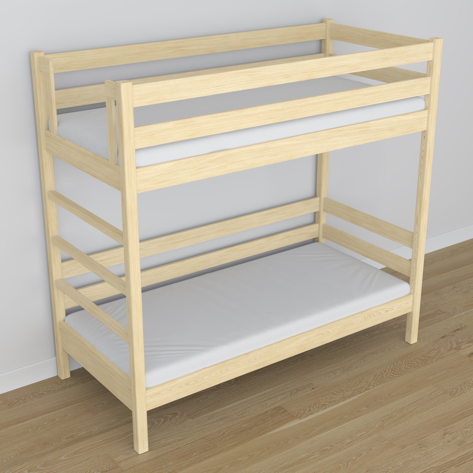 Bespalvė pušinė dviaukštė lova iš medžio - vaizdas iš šono, Nizio Home