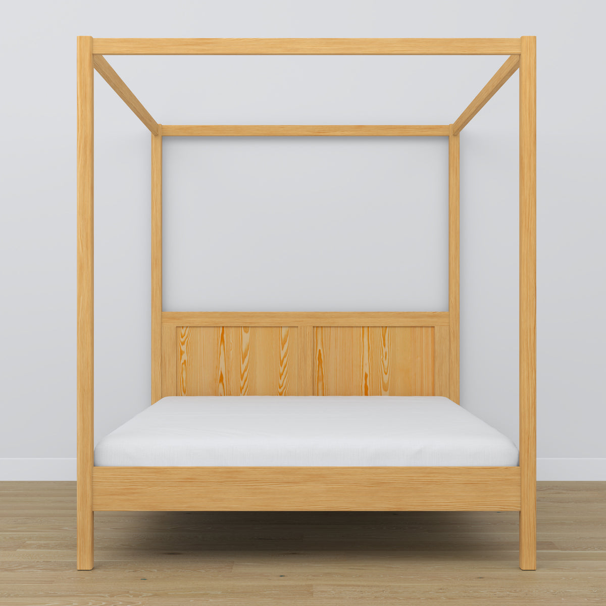 Wooden double bed with canopy natural pine – headboard and frame, close-up