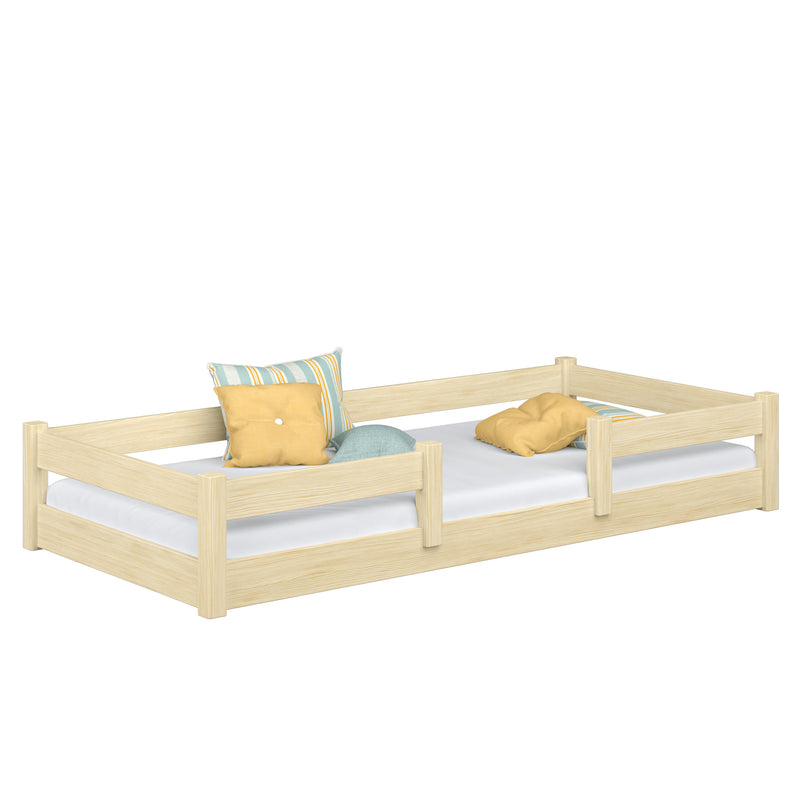 Žema medinė lova, bespalvė pušis - miegamasis, medžio masyvo, skandinaviško stiliaus Nizio