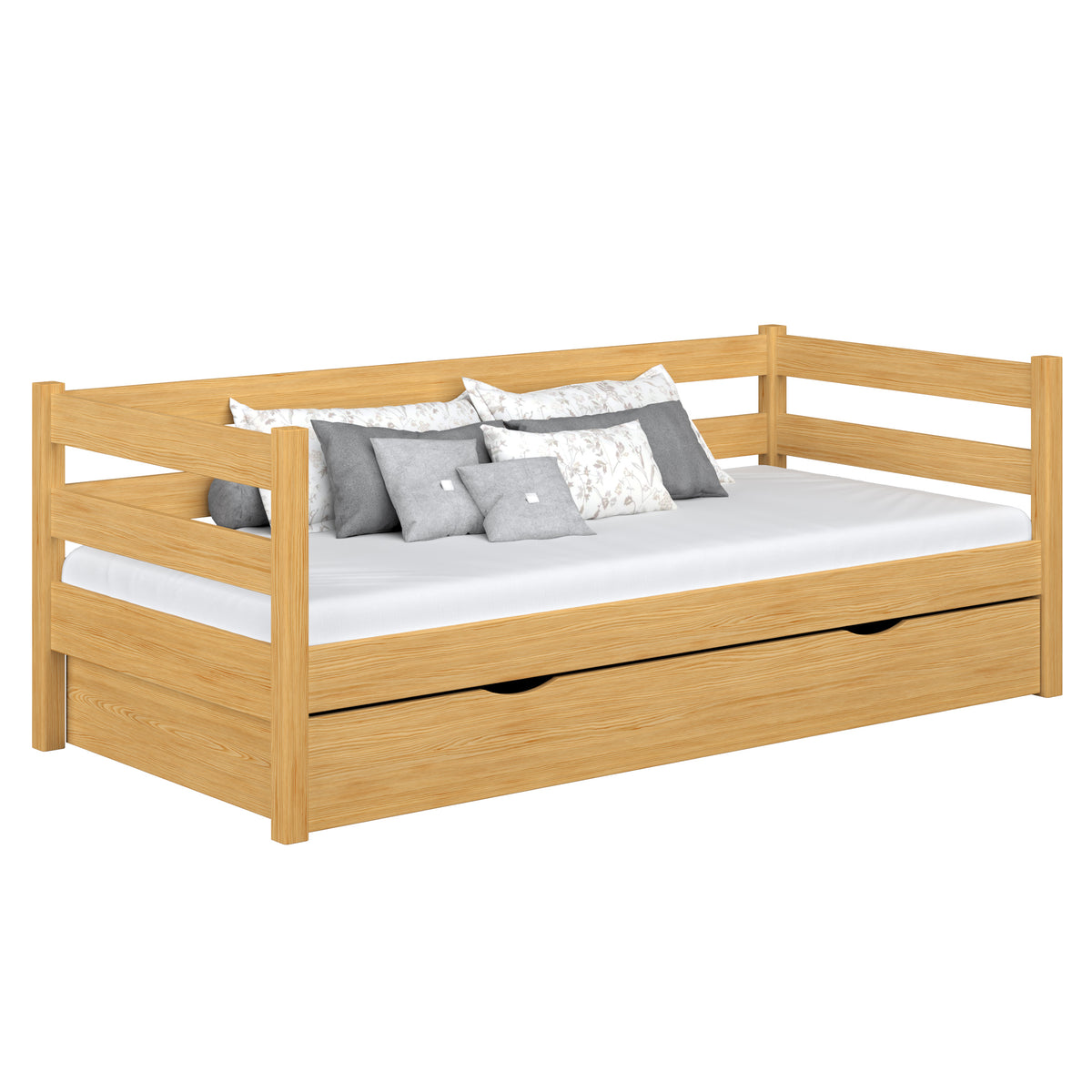 Medinė natūralaus pušies sofa-lova su stalčiumi - vaikiškam, scandi stiliaus Nizio