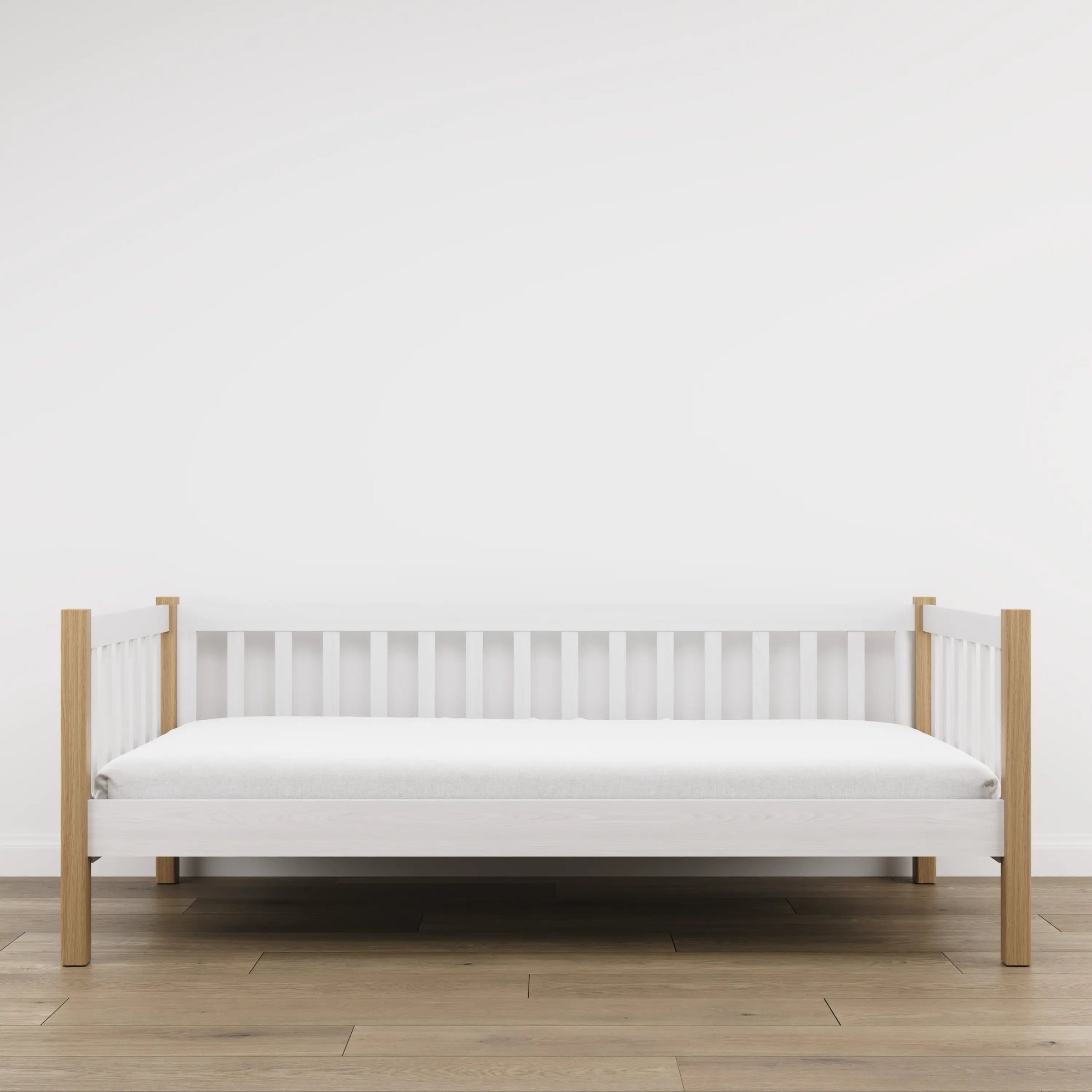 Balta medinė sofa-lova su ąžuolu - vaizdas iš šono, baldų forma ir proporcijos