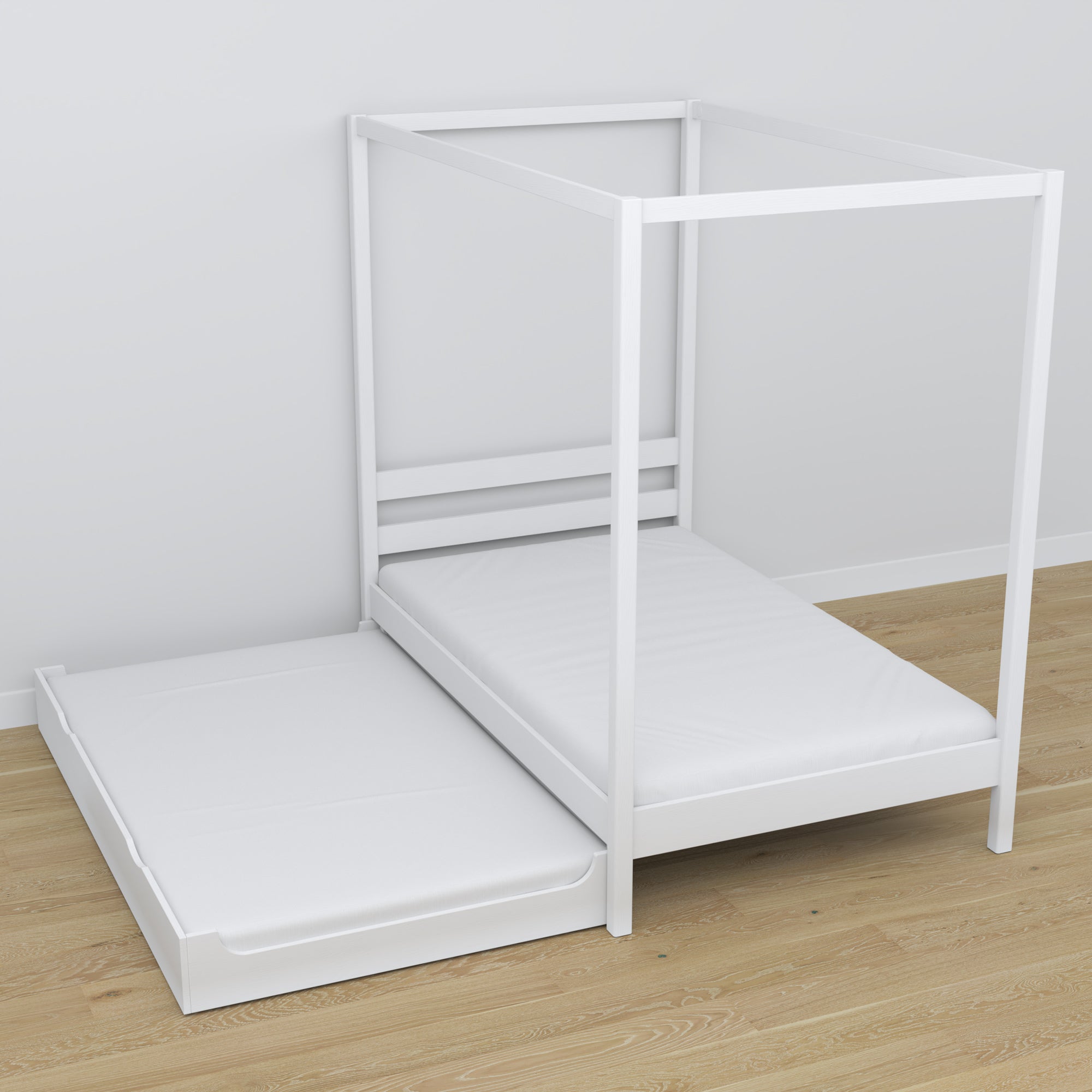 Balta lova su baldakimu – medinės detalės, stambiu planu, Nizio Home
