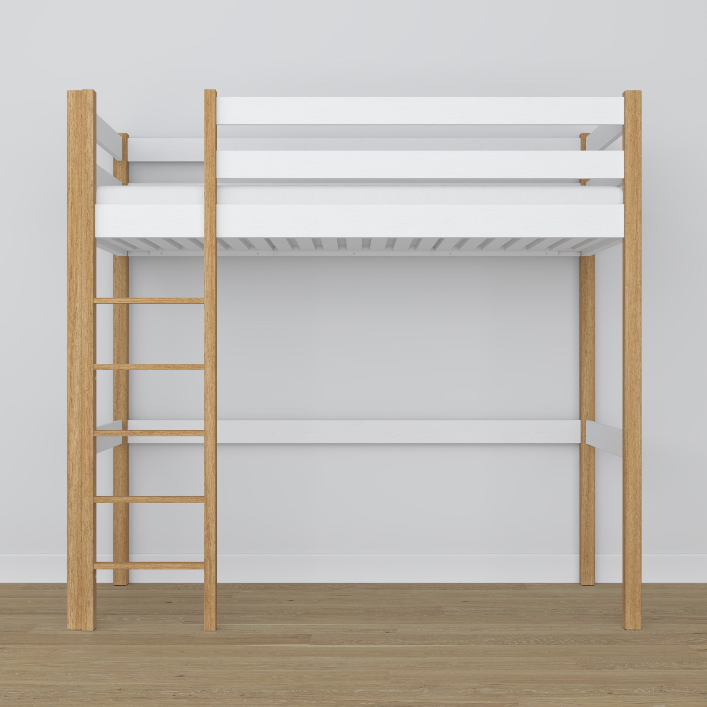 Loft bed white/oak – wooden ladder and safety rail, Nizio Home