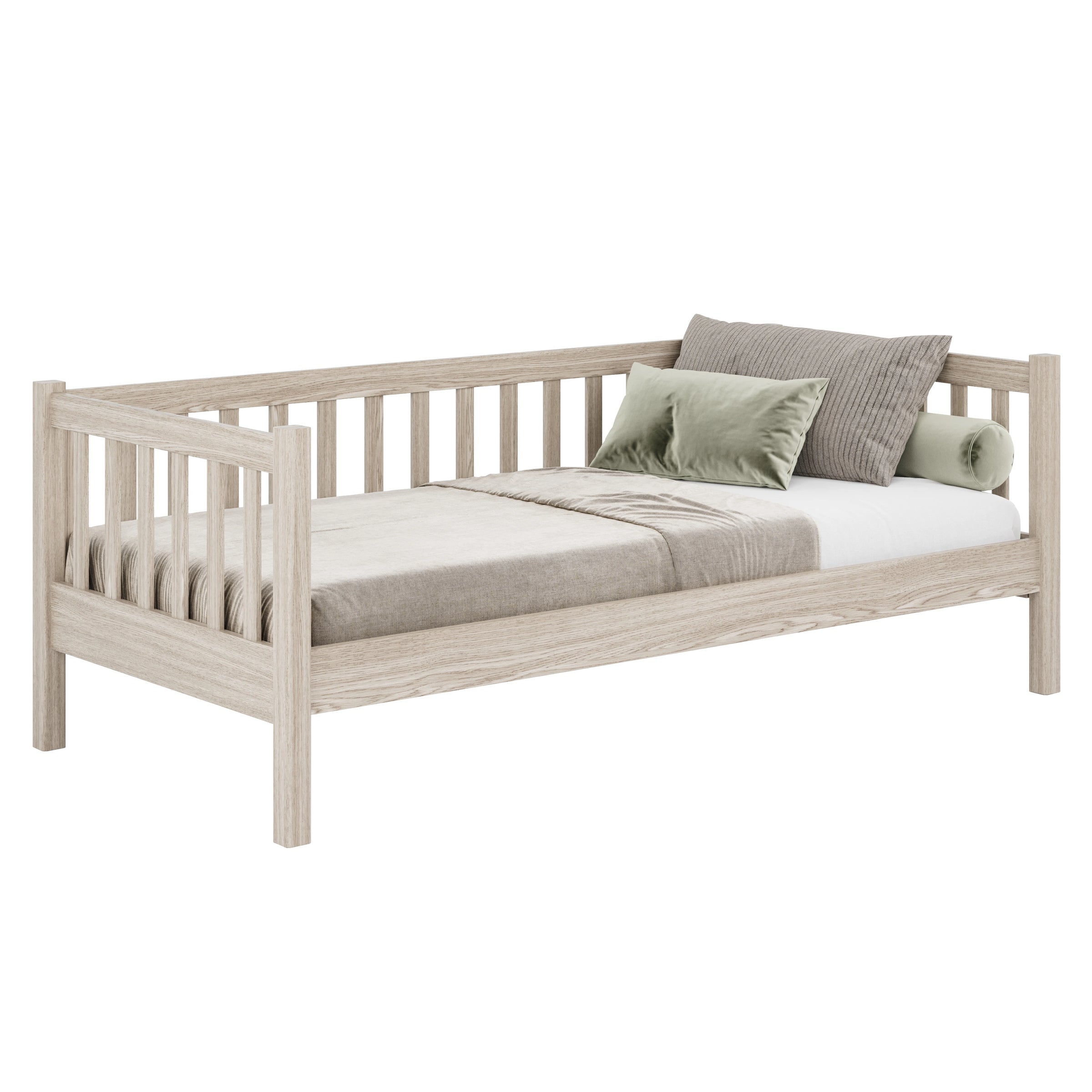 Balinto ąžuolo sofa-lova – vaizdas iš šono, baldų korpusas ir proporcijos