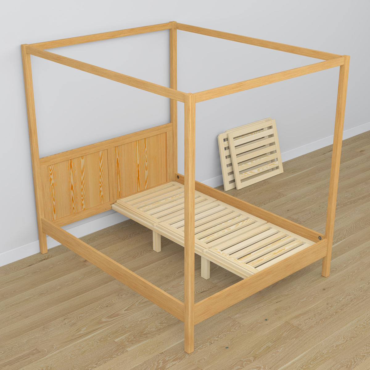 Canopy bed natural pine made of wood – side view, scandi style
