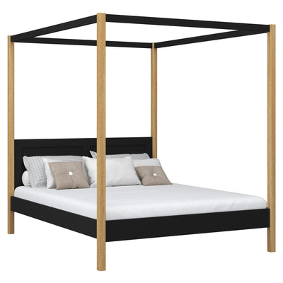 Wooden double bed with canopy black and oak – bedroom, Scandinavian style
