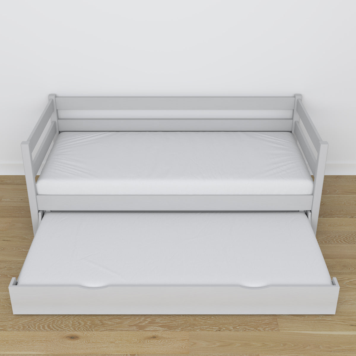 Sofa-lova su stalčiumi ant pilko medinio čiužinio - matmenys, Nizio