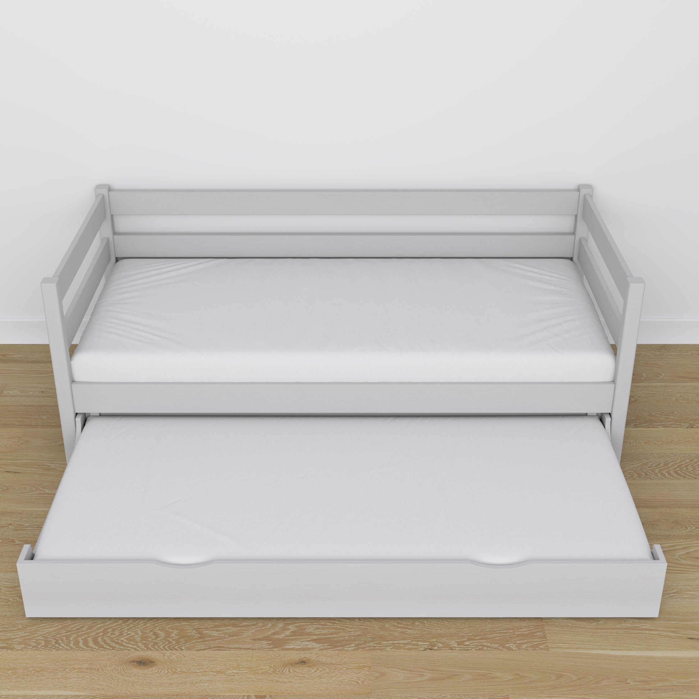 Sofa-lova su stalčiumi ant pilko medinio čiužinio - matmenys, Nizio