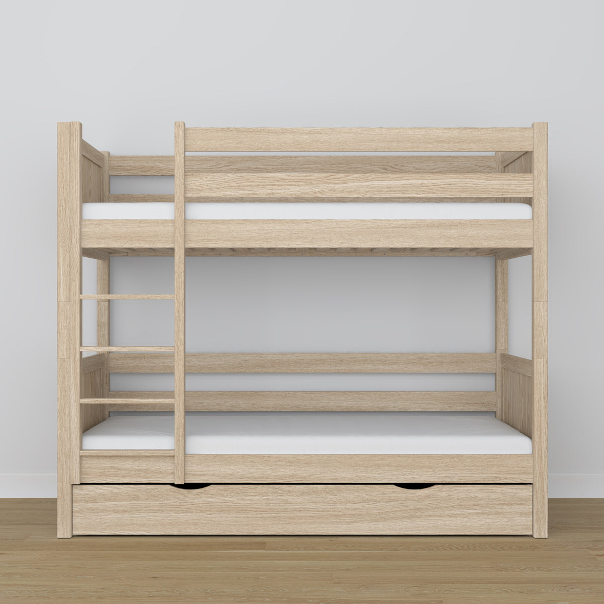Bunk bed in bleached oak - oak frame with slats, side view