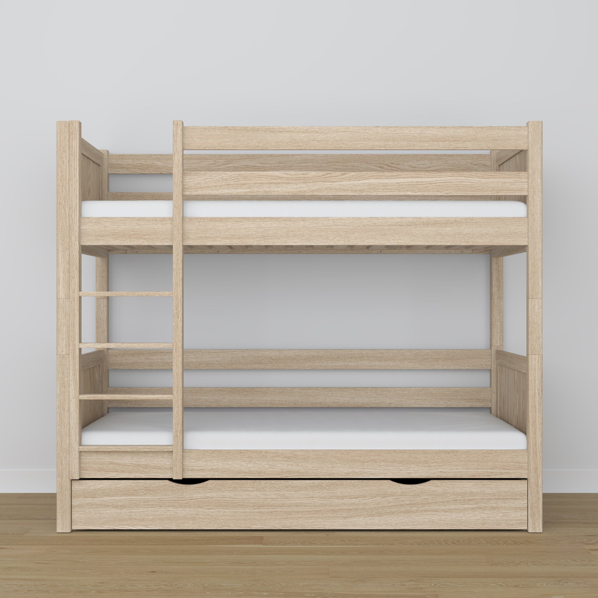 Bunk bed in bleached oak - oak frame with slats, side view