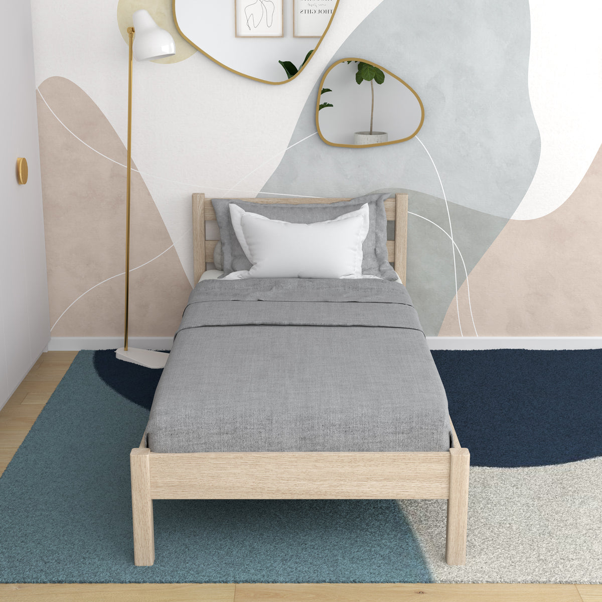 Single oak bed bleached oak – side view, furniture proportions