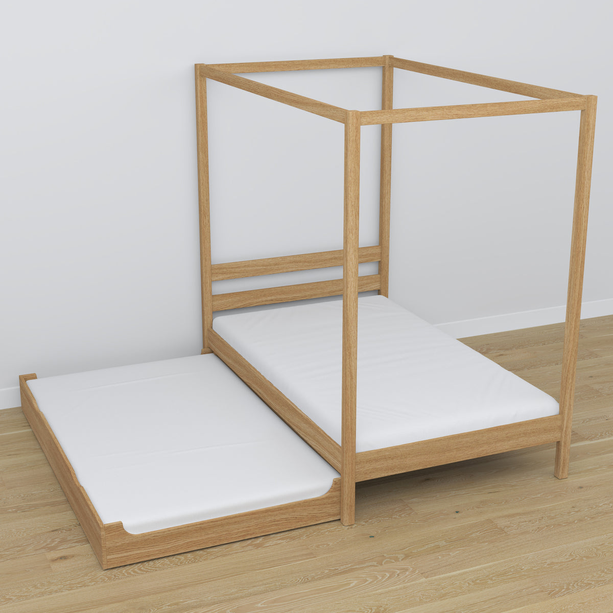 Natural Oak Canopy Bed with Drawer – Side View, Oak, Nizio