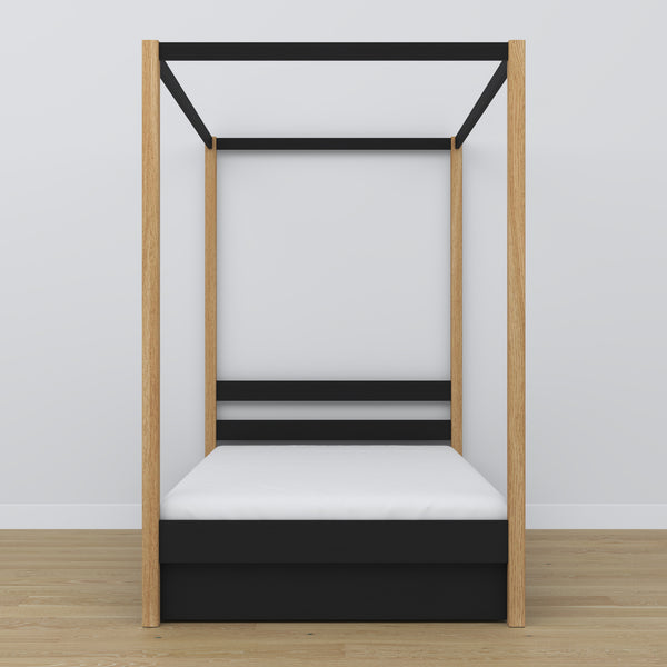 Black and Oak Canopy Bed – Open Drawer, Wooden, Nizio Home