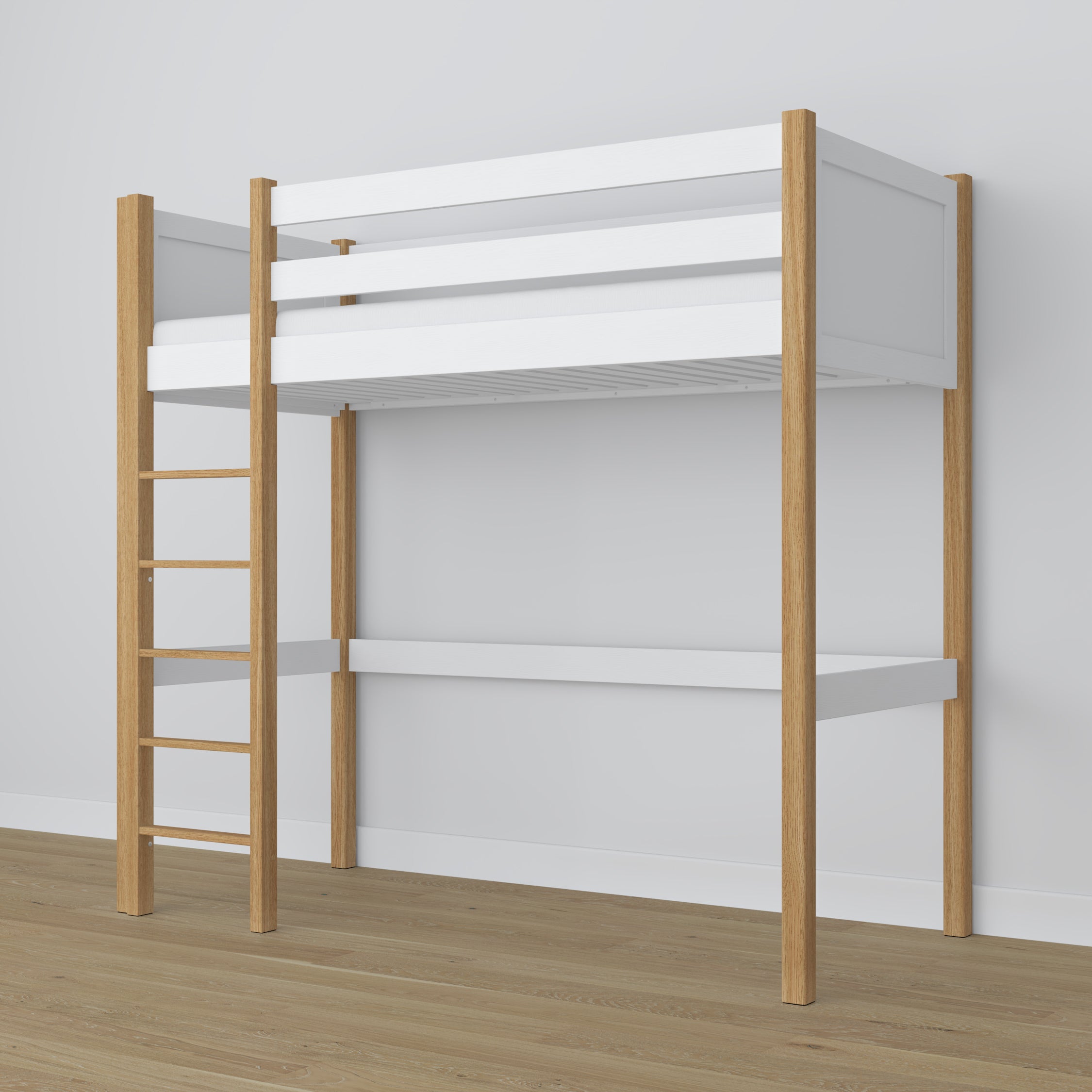 White and Oak Wooden Loft Bed – Slatted Frame, Side View