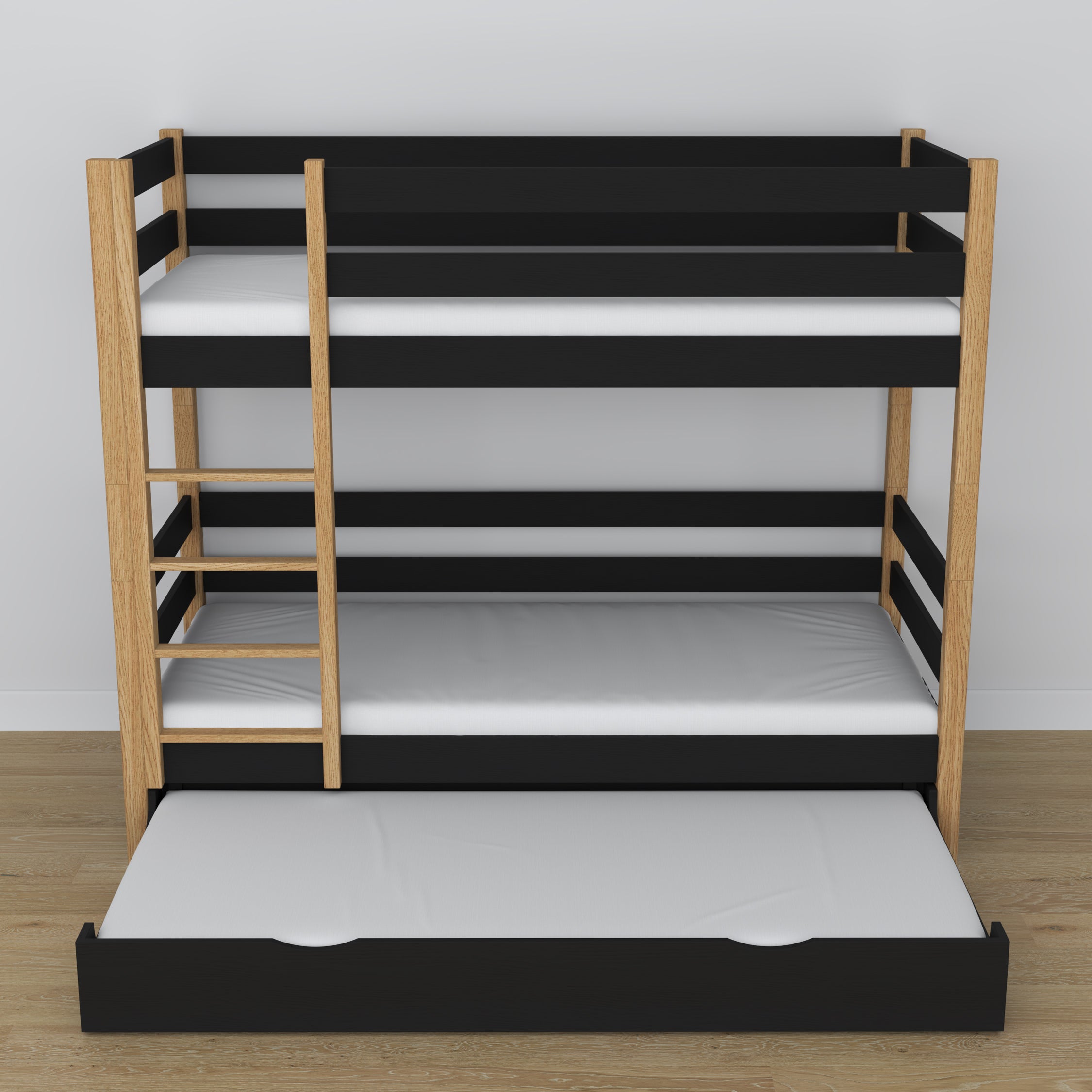 Black and Oak Wooden Bunk Bed – Dimensions and Diagram with Mattress Drawer