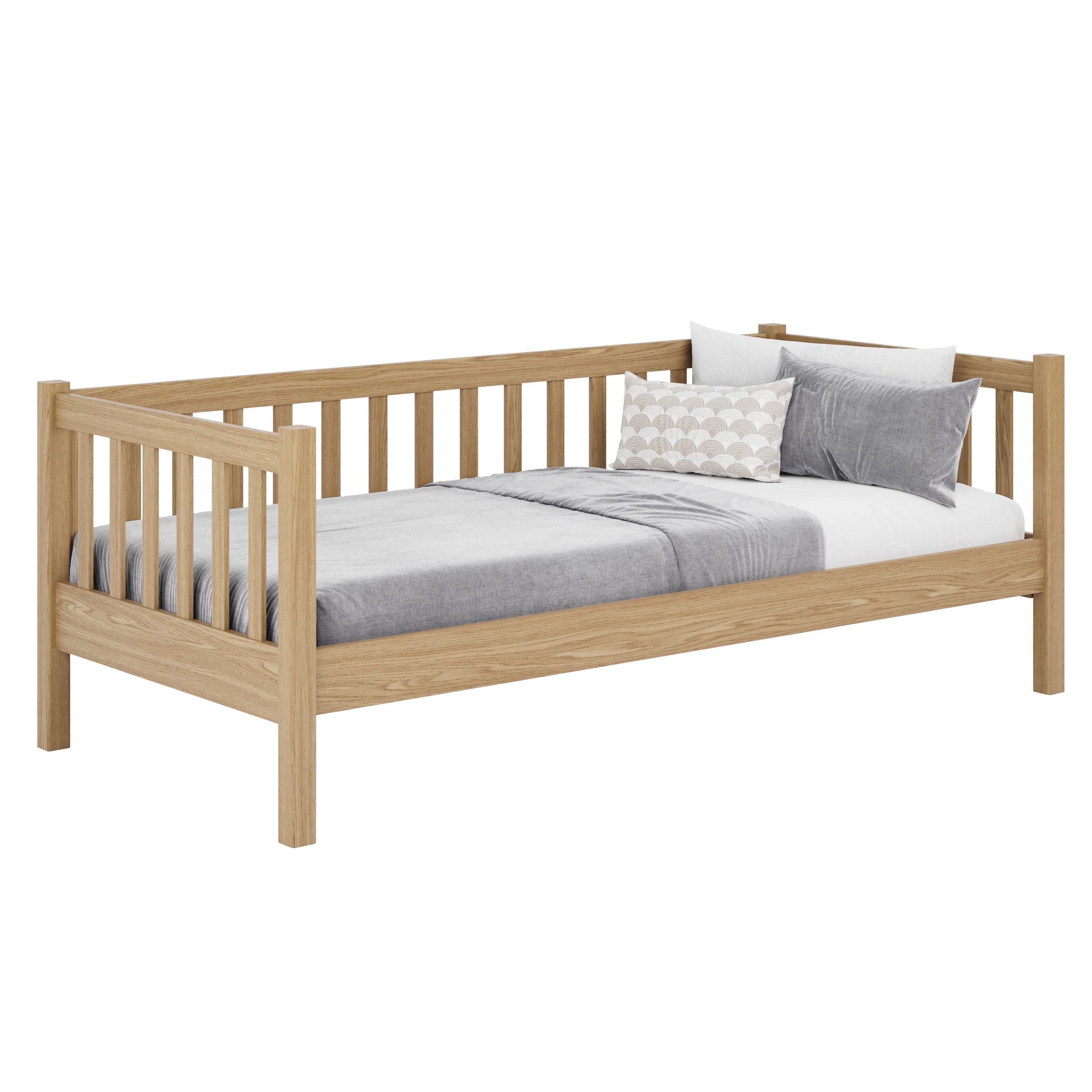 Natūralaus ąžuolo sofa-lova – vaizdas iš šono, baldų forma ir proporcijos