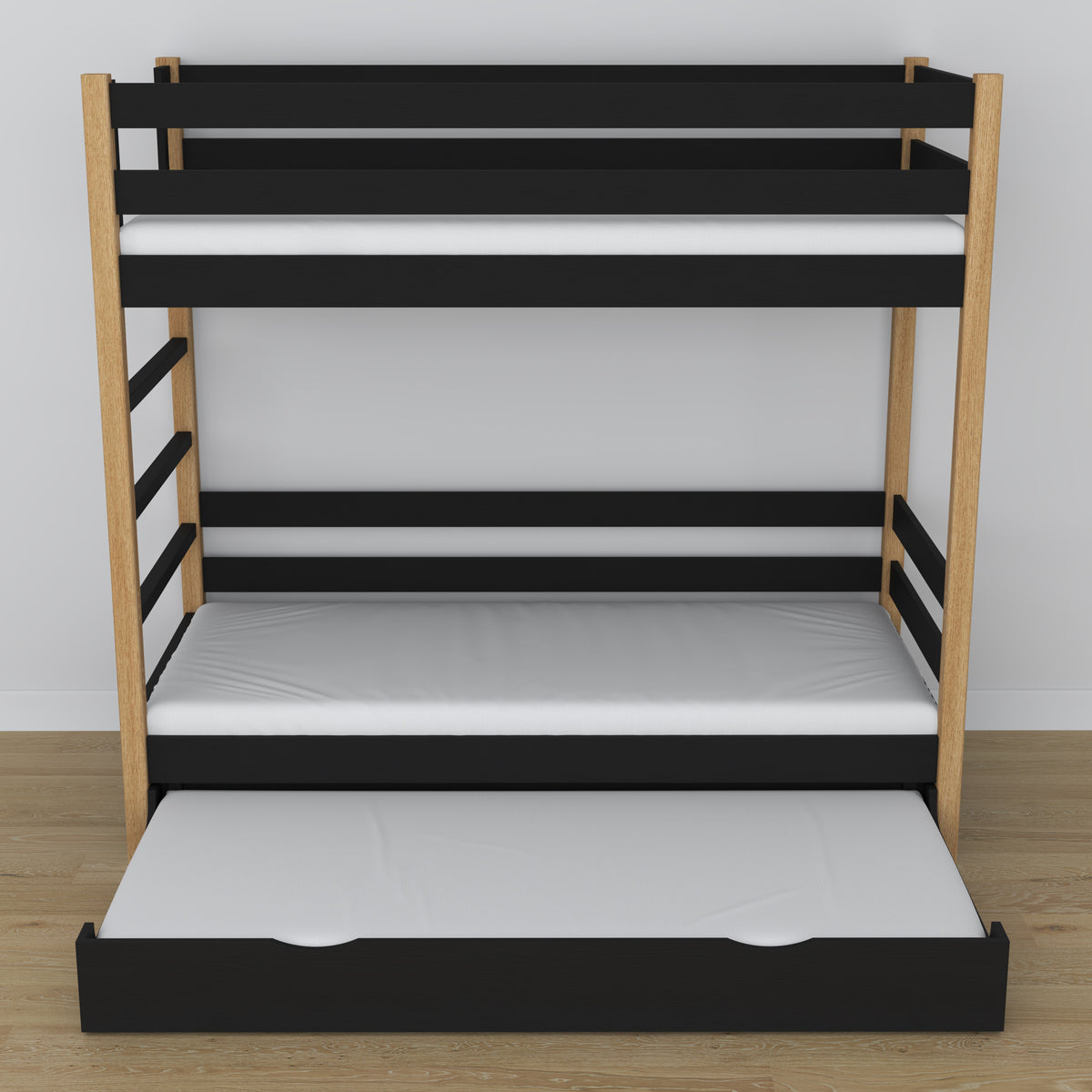 Black and Oak Wooden Bunk Bed – Dimensions and Diagram with Mattress Drawer