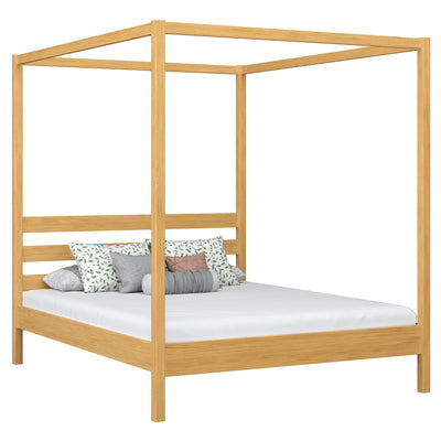 Wooden canopy double bed N01 natural pine – overall view, solid pine wood